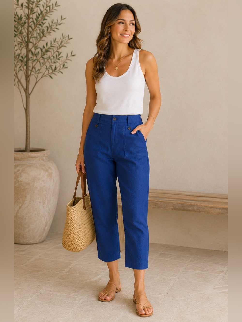 J.Crew Garden Pant 100% Linen Cropped Pants Cobalt Blue Size 8